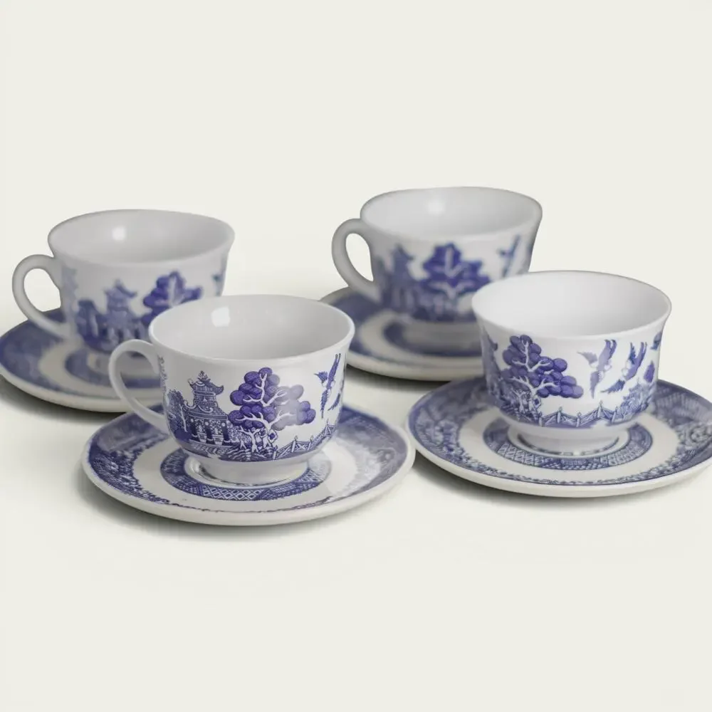 Royal Cuthbertson Blue Willow Demitasse Espresso Cups Saucers Set of 4 China